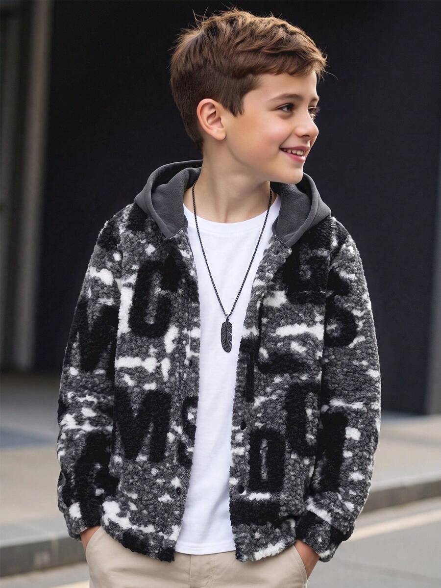1pc Boys' Plaid Hooded Jacket, Casual Daily Commute Outfit For Autumn/Winter - Black - View 1