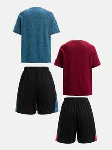 SHEIN 兒童 4 件組 青少年男孩配色拼色圖案 T 恤與短褲運動套裝 2 件套，適合春/夏，日常穿著、運動、外出、學校、派對、節慶、拍照 - 彩色 - 查看 3