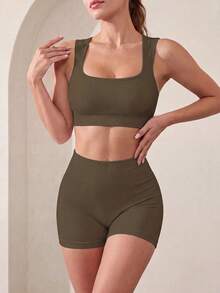 Easithlete Easithlete Solid Color Ribbed Sports Vest Top And Shorts Set For Women Workout Women Sets - Rust Brown - View 2