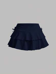 SHEIN Girlism 青少年女孩抽繩抓皺腰部內建安全短褲休閒蛋糕裙 - 藏蓝色 - 查看 2