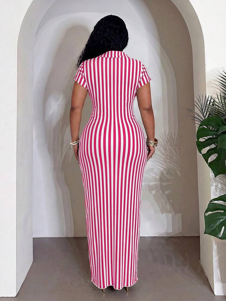 Slaydiva Plus Size Women's Striped Collared Short Sleeve Fitted Elegant Dress - Hot Pink - View 2
