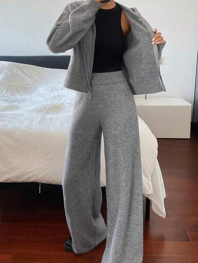 DAZY Solid Color Hooded Long Sleeve Zip-Up Sweater And Straight Leg Pants Casual Vacation Elegant Autumn/Winter Sweater Set Women's 2-Piece Outfit