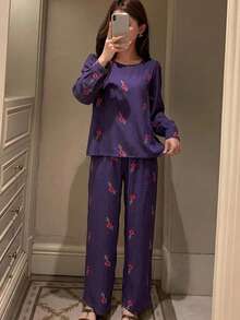 DAZY Ensemble de pyjama 2 pièces pour femmes avec Top à manches longues imprimé floral & pantalon long à jambes droites - Prune - Voir 5