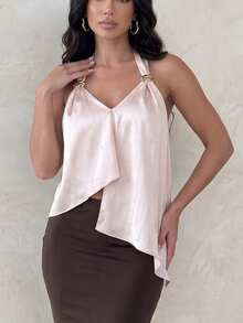 Privoire Women's Solid Color Metal Decor Casual Versatile Daily Wear Halter Neck T-Shirt - Apricot - View 3