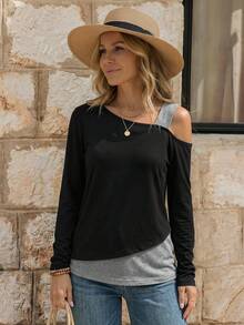 EMERY ROSE Two Tone Asymmetrical Neck Tee Graphic Tees Women Tops Fall Cloth For Women - Black - View 3