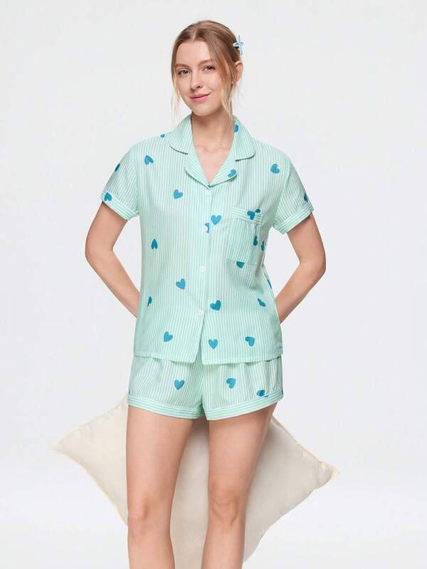 Bonmuse Women's Short Bubble Crinkle Striped Heart Print Pajama Set - Short Sleeve Button Collar Top And Pants, Soft Sleepwear, Machine Washable, Can Be Worn Outerwear, Summer