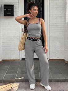 SHEIN Teen Girls 2pcs/Set Teenager Striped Tank Top Set, Comfortable Striped And Polka Dot Print, Fashionable And Comfortable. Autumn Outfit With Jacket - Black - View 3