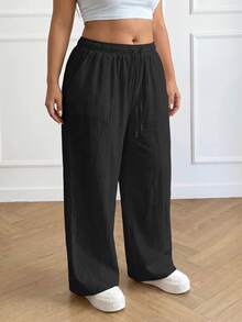 SHEIN PETITE CURVE Plus Size Women Solid Color Drawstring Waist Casual Versatile Wide Leg Pants For Daily Wear - Black - View 5