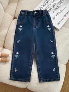 SHEIN Playful Pals Girl's Autumn And Winter Blue Washed Wide Leg Pants, Exquisite Flower Embroidery, Cotton Fabric, Suitable For Back To School Season, Daily Wear - Blue - View 7