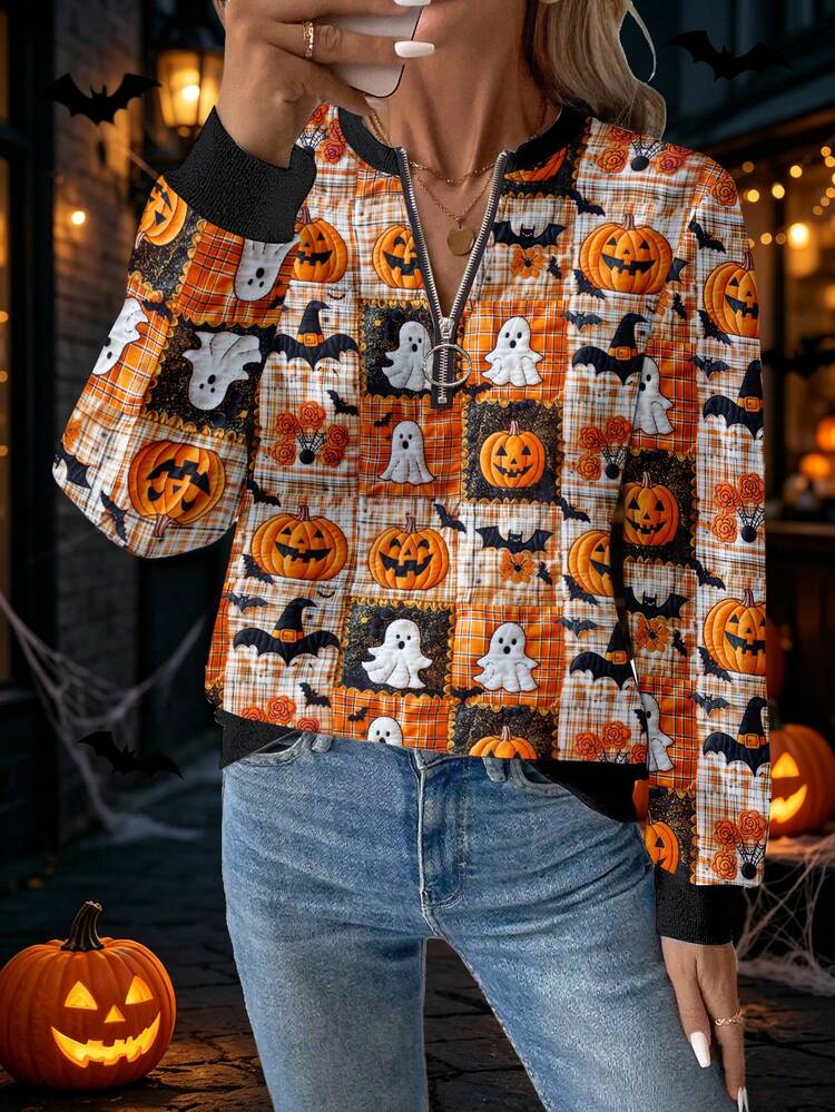 EMERY ROSE Ghost Pumpkin Bat Print Halloween Drop Shoulder Long Sleeve Zip-Up Crew Neck Plus Size Women's Sweatshirt - Multicolor - View 4