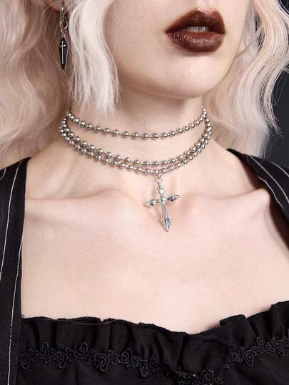 ROMWE Goth 1 Stück modischer Punk-Stil Kreuz Anhänger Halskette, 4mm Metall Silber Perlen Mehrschicht Halskette, geeignet für Damen Alltag, Party, Musikfestival Tragen, tägliches Geschenk, Schmuckgeschenk