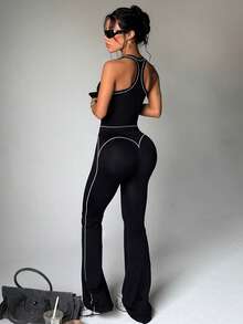 StreetHx Women's Seamless Black Tight Fit Sports 2 Pieces Set Tank Top & Flare Pants - Black and White - View 4