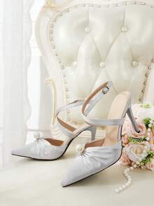 CUCCOO HITCHD Women Ruched Satin Mule High Heels, Faux Pearl Decor Pointed Toe Ankle Buckle Strap Stiletto Sandals For Evening Wedding Bridal Dress Shoes - silver gray - View 2