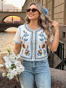 Vionelle Damen T-Shirt in Großen Größen, Französischer Lässiger Eleganter Stil, Muster, Rundhals, Kurzarm - Aprikosenfarben - Übersicht 2