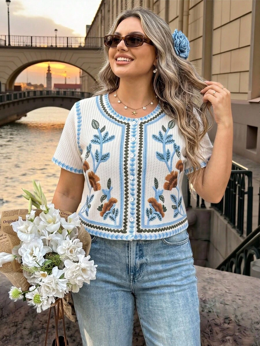 Vionelle Damen T-Shirt in Großen Größen, Französischer Lässiger Eleganter Stil, Muster, Rundhals, Kurzarm