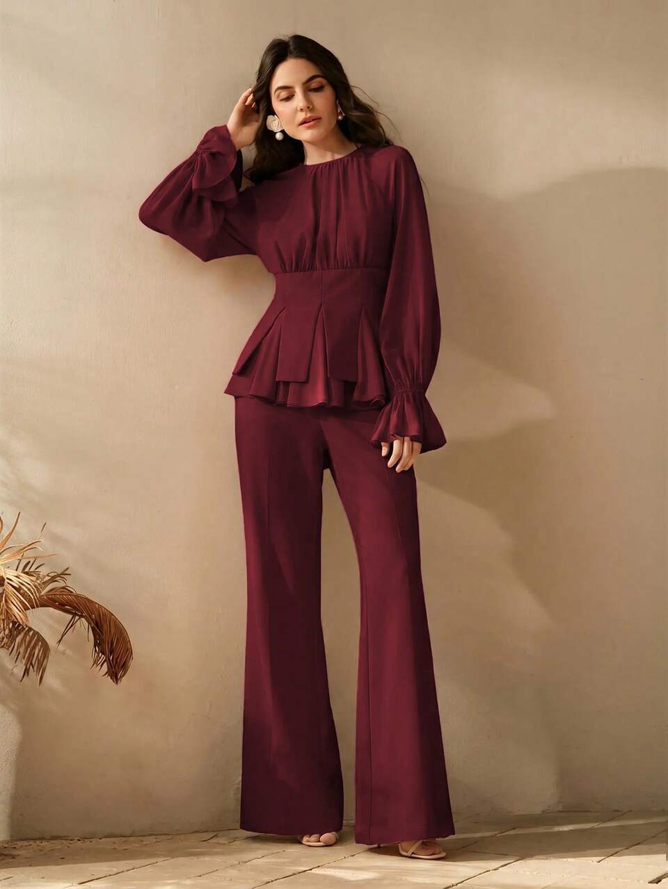 Anewsta New Modern Fashion Chiffon Patchwork Waist-Cinched Top With Pockets And Flared Pants, Slimming Casual Elegant Pink Women's 2-Piece Set