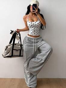 Coolane Women's Summer Polka Dot Halter Neck Tank Top With Built-In Bra Pads, Backless Ruched Slim Fit Sleeveless Y2K Workout Crop Cami - White - View 2