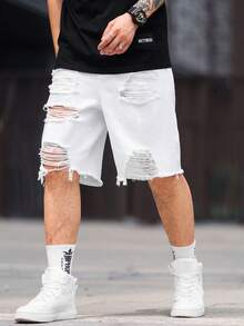 Manfinity LEGND Men Casual Summer Solid Color Ripped Denim Shorts Jorts - White - View 4