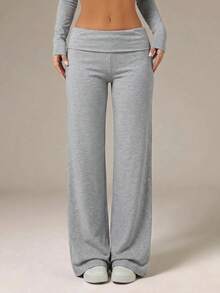 SHEIN PETITE Black High Waist Wide Leg Loose Casual Pants - Grey - View 8