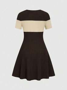 Elenzga Women's Round Neck Colorblock Casual Daily Short Dress - Brown - View 3