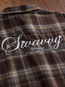 SWAVVY 男士時尚刺繡格紋單排扣短袖襯衫 - 棕色 - 查看 3