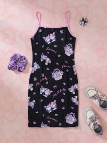 HELLO KITTY AND FRIENDS | SHEIN Tween Girl Cartoon Print Spaghetti Strap Dress - Black - View 2