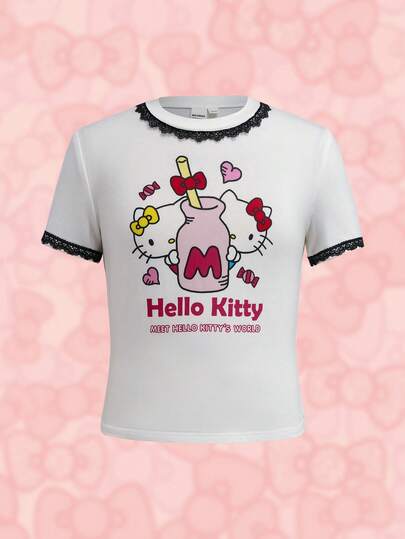 HELLO KITTY AND FRIENDS | SHEIN 青少年女孩蕾絲飾邊卡通圖案休閒日常短袖T恤