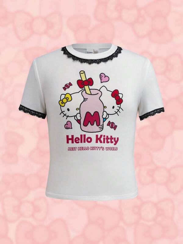 HELLO KITTY AND FRIENDS | SHEIN 青少年女孩蕾絲飾邊卡通圖案休閒日常短袖T恤