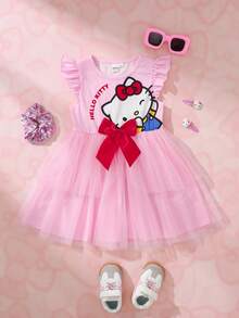 HELLO KITTY AND FRIENDS | SHEIN 女童字母卡通印花蝴蝶結裝飾網紗拼接休閒夏季洋裝 - 粉色 - 查看 1