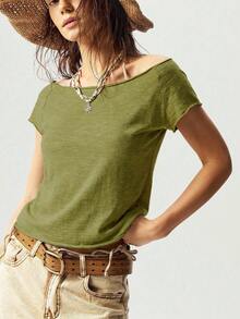 Bohemela Solid Color Knit Boat Neck Fitted Washed T-Shirt For Women,Summer Top Vacation Sage Green Boho - Green - View 3