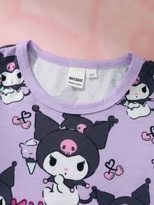 HELLO KITTY AND FRIENDS | SHEIN Young Girl Letter Cartoon Print Round Neck Short Sleeve Dress - Purple - View 3