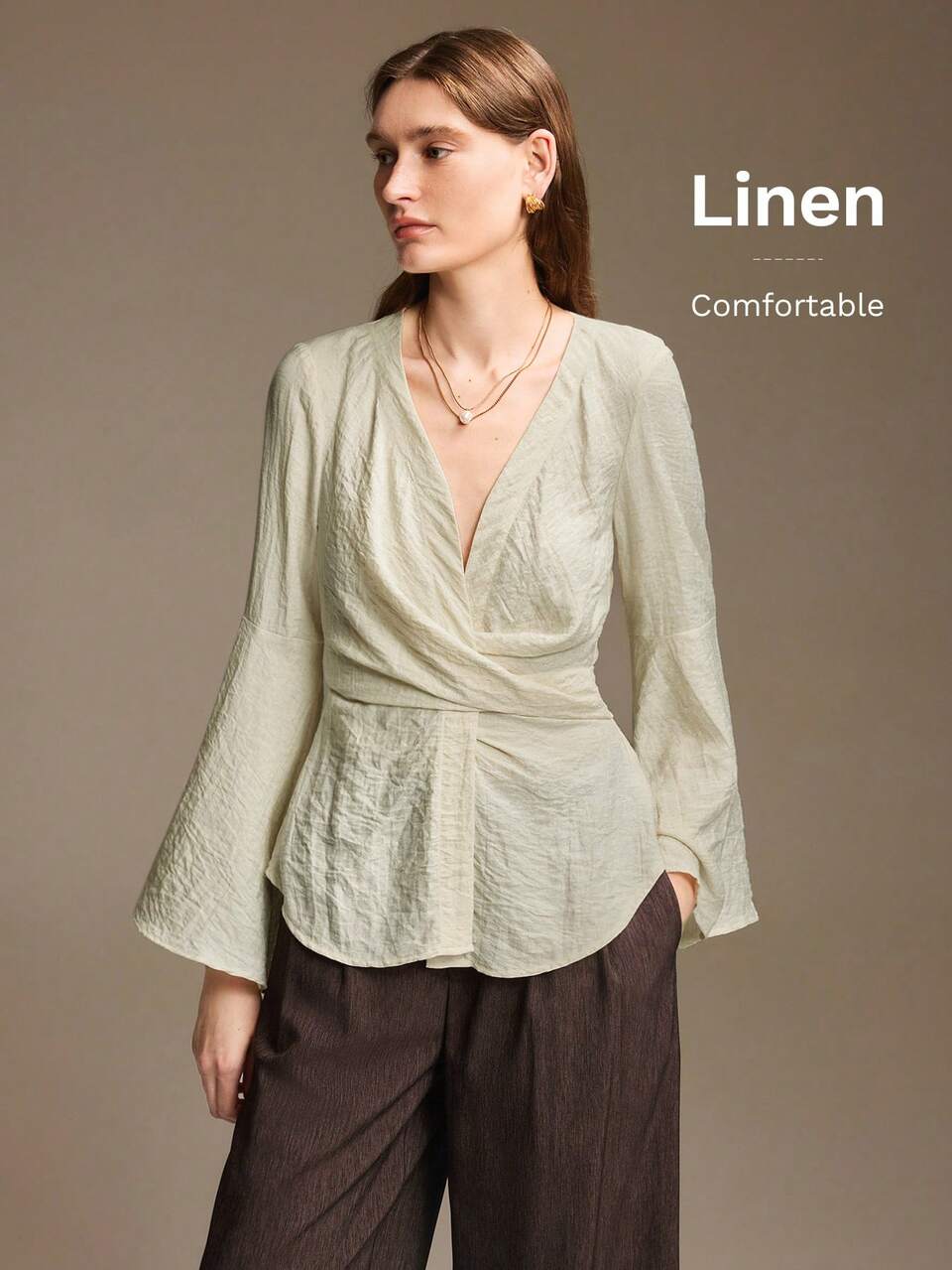2026 New Autumn Women's Blouse, Cinched Waist Asymmetrical Loose Fit, Solid Apricot Long Sleeve Top, Ruched Tie Design, Casual Commute Urban Modern Minimalist Elegant Tea Party Independence Day Old Money Style Teacher, Women's Office Wear, Holiday, Vacation Date, Women's Outwear, Fashion Versatile Women's Blouse