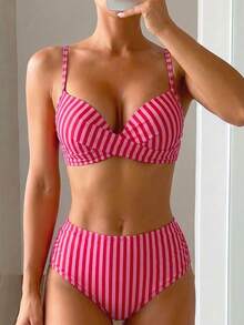 SHEIN Swim 2025 女款夏季海灘豹紋性感比基尼兩件式泳衣套裝 - 紅色 - 查看 1