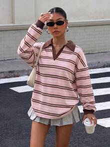 Muchica 女款 Polo 領長袖寬鬆衛衣，休閒極簡日常百搭派對機場 Y2K 上衣，粉棕條紋印花圖案，夏季外出穿搭 - 彩色 - 查看 6