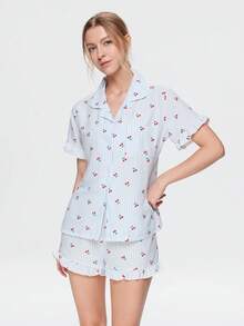 Bonmuse 3pcs Women's Cherry Striped Print Pajama Set With Pockets, Front Button, Ruffle Hem Short Sleeve Top And Shorts & Pants, Summer Sleepwear - Multicolor - View 1