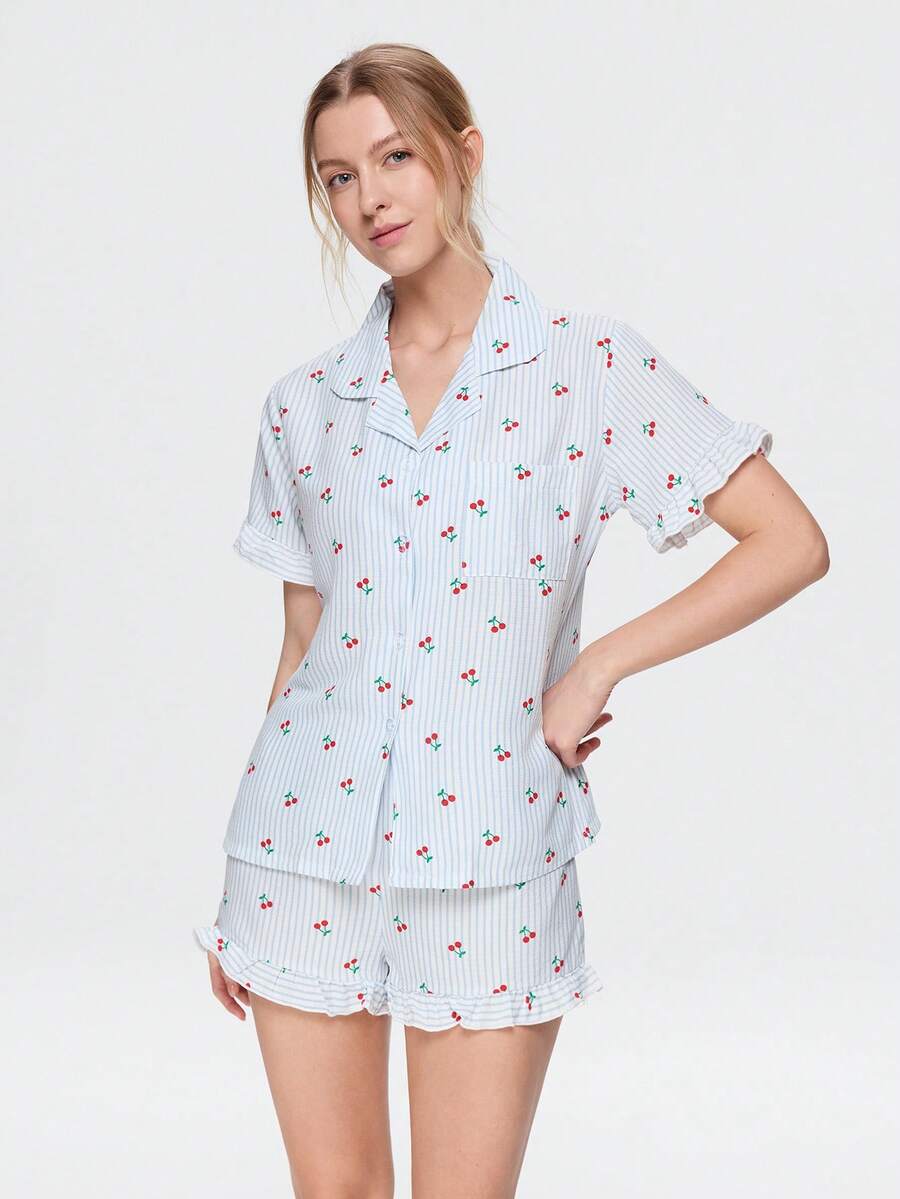 Bonmuse 3pcs Women's Cherry Striped Print Pajama Set With Pockets, Front Button, Ruffle Hem Short Sleeve Top And Shorts & Pants, Summer Sleepwear - Multicolor - View 1