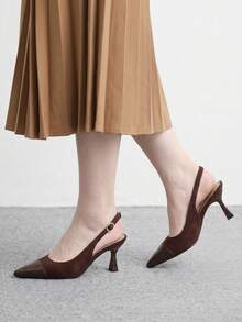 CUCCOO BIZCHIC Women Slingback Heels Mixed Material Design Pointed Toe Elegant Office Shoes - Brown - View 5