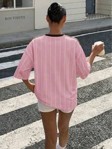 SHEIN 青少年女孩條紋字母印花休閒百搭日常外出短袖T恤 - 白色 - 查看 6