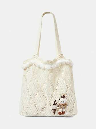 Kawaii 1 Set beige gewebte Strandtasche & Accessoires, modische personalisierte Strandresort-Stil Damen-Tragetasche (enthält 1 Tasche und 1 Set Accessoires)