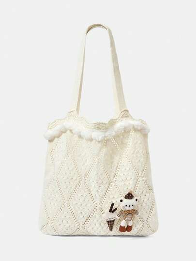 Kawaii 1 Set beige gewebte Strandtasche & Accessoires, modische personalisierte Strandresort-Stil Damen-Tragetasche (enthält 1 Tasche und 1 Set Accessoires)
