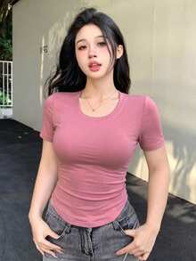 DAZY 女款粉色純色圓領短袖T恤，休閒街頭風戶外上衣，適合音樂節、情人節、婚禮與運動場合 - 粉色 - 查看 3