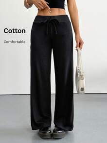 SHEIN PETITE Quần nỉ nữ ống rộng cạp thấp dệt kim trơn thoải mái phong cách thường ngày, dành cho nữ petite - màu đen - Xem 7