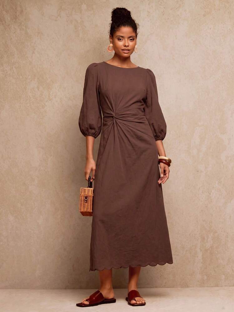 Travachic Gaun Panjang Wanita 100% Katun Warna Polos Lengan Lentera Model Putar - Coffee Brown - View 7