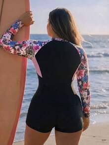 Swim SPRTY 大尺碼女款 2 件組花卉印花長袖收腹分體式比基尼泳衣，黑色夏季熱帶 Filipiniana 粉色街頭風沙灘派對穿搭 - 彩色 - 查看 2