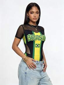 Glyssa Bodysuit Wanita Elegan Streetwear Musim Semi/Panas Bergaris dengan Jala Kontras, Leher Bulat, Lengan Pendek, Pas Badan, Gaya Musik Rave, Hitam dan Kuning - MultiWarna - View 6