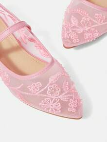 CUCCOO HITCHD 女款網紗刺繡串珠設計方頭瑪麗珍鞋，簡約扣環，法式低鞋幫軟底透氣鞋 - 粉色 - 查看 9