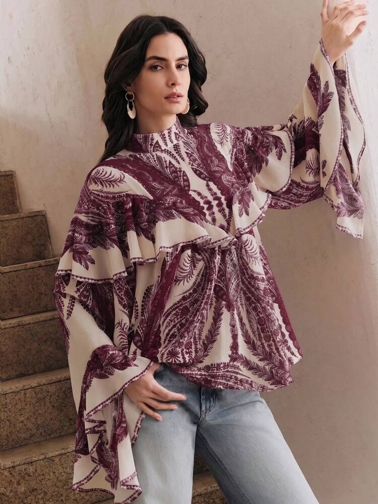 Anewsta Elegant Vintage Flowy Floral Print Women's Long Sleeve Round Neck Ruffle Hem Loose Blouse, Carnival, Spring To Summer, Vacation - Purple - View 6