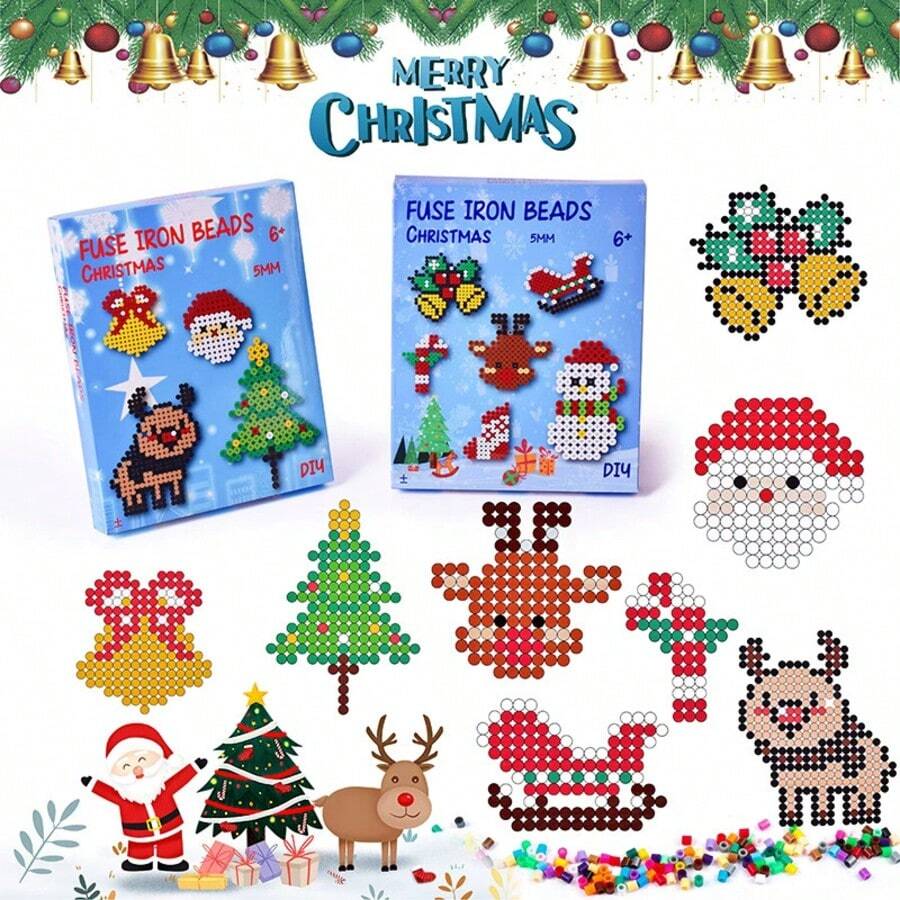 1 Set Christmas 5mm Fuse Beads Craft Kit, Multicolor DIY Pixel Art Bead Set With 15cm Reusable Pegboard, Pattern Sheet, Ironing Paper, Tweezers, Phone Straps, Bead Chains, Bells & Jump Rings, Santa Reindeer Christmas Tree Ornament Making Supplies - multicolor - View 1