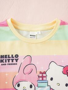 HELLO KITTY AND FRIENDS | SHEIN 女童字母卡通印花圓領短袖上衣與短褲休閒居家睡衣套裝 - 黃色 - 查看 3