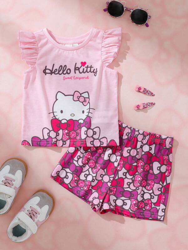 HELLO KITTY AND FRIENDS | SHEIN Baju Bayi Perempuan Lengan Berkerut dengan Motif Kartun Huruf dan Celana Pendek, Pakaian Kasual Sehari-hari